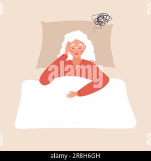 Notion d'insomnie. La femme âgée fatiguée souffre de maux de tête. Personnage féminin sans sommeil allongé dans le lit et pensant aux problèmes de ménopause. Vecteur Illustration de Vecteur