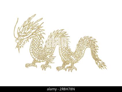 Dragon de mer chinois doré isolé sur fond blanc. Illustration orientale de couleurs or jaune dessinées à la main. Imprimer pour textile, papier peint, message d'accueil ca Banque D'Images