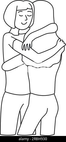 Deux filles s'embrasent. Le dessin au trait simple à la main symbolise l'amitié, l'amour et le soutien. Isolé sur fond blanc Illustration de Vecteur