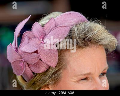 Charleroi, Belgique. 21st juin 2023. Queen Mathilde de Belgique (chef) visite de l'Institut Saint-André à Charleroi, on 21 juin 2023, pour découvrir le mur de bandes dessinées et un atelier de dessin, sur les 2nd d'une visite d'État de 3 jours des pays-Bas en Belgique crédit: Albert Nieboer/pays-Bas OUT/point de vue OUT/dpa/Alay Live News Banque D'Images