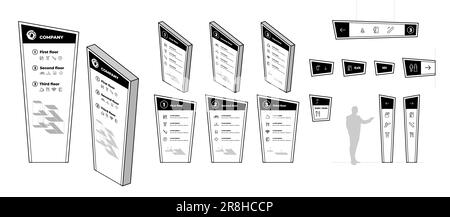 Mise en place de la maquette de signalisation du système d'orientation. Design de recherche de l'intérieur et de l'extérieur. Maquette de navigation dans le centre commercial. Panneaux d'information sur les lieux publics et les bâtiments commerciaux. Le vecteur inverse les signes de direction Illustration de Vecteur