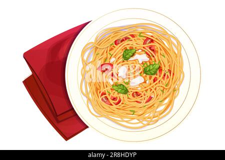 Spaghetti pâtes dans une assiette avec des tomatos, basilic, mozzarella dans le style de dessin animé vue du dessus détaillée et texturée isolée sur fond blanc. restauration, cuisine italienne. Illustration vectorielle Illustration de Vecteur