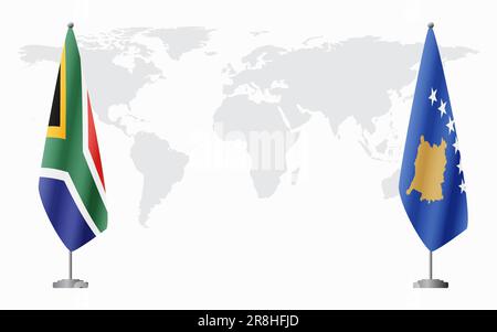 Drapeaux de l'Afrique du Sud et du Kosovo pour une réunion officielle sur fond de carte mondiale. Illustration de Vecteur