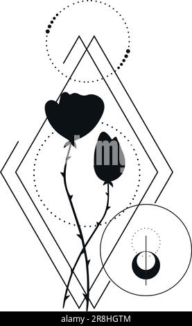 Tatouage botanique abstrait avec des éléments géométriques isolés sur fond blanc. Tatouage floral monochrome avec contour de fleurs. Illustration vectorielle Illustration de Vecteur
