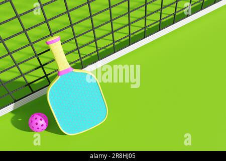 Terrain de Pickleball. Raquette et balle sur le filet. 3D rendu Banque D'Images