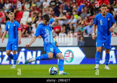 Budapest, Hongrie. 19th juin 2023. Budapest, Hongrie, juin 19st 2023: 18 Hoti A. (Islande) joue le ballon pendant le match amical de l'équipe nationale européenne des moins de 21 ans entre la Hongrie et l'Islande à l'Arena Bozsik à Budapest, Hongrie. (Gabor SAS/SPP) crédit: SPP Sport presse photo. /Alamy Live News Banque D'Images