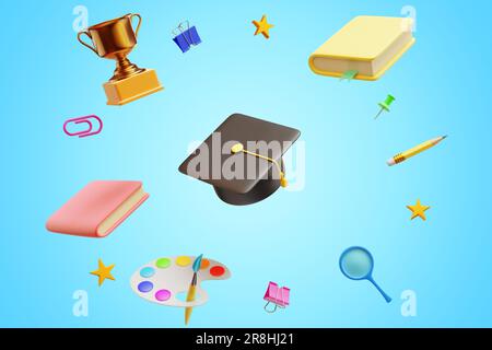 Retour à l'école. Diplôme universitaire et apprentissage, articles d'éducation. 3d rendu Banque D'Images