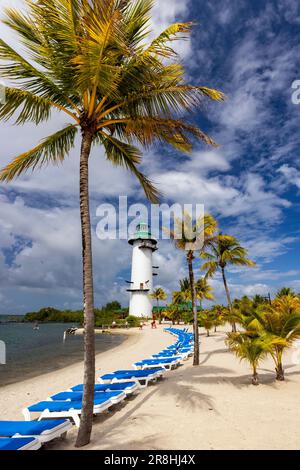 Paysage tropical et phare ('flighthouse') sur Harvest Caye - île privée appartenant à la Norwegian Cruise Line à Belize Banque D'Images