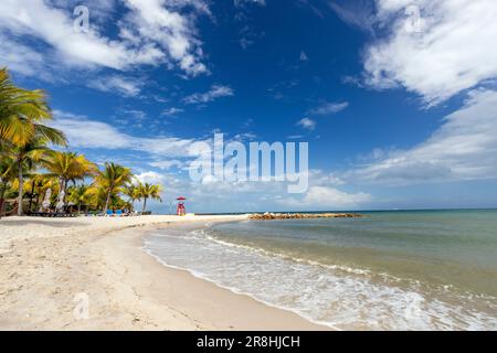 Belle plage de sable blanc sur Harvest Caye - île privée appartenant à la Norwegian Cruise Line à Belize Banque D'Images