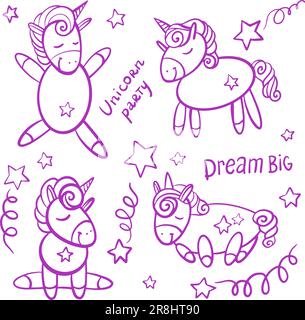 Ensemble vectoriel de licornes mignons magiques. Les articles fabuleux sont dessinés à la main dans un style de dessin animé. Illustration de Vecteur