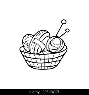 Illustration vectorielle de balles de fil dans un panier à tricoter. Peut être utilisé comme autocollant, icône, logo, modèle de conception, page de coloriage Illustration de Vecteur