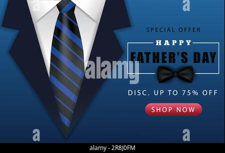 Bannière de solde de la fête des pères sur fond bleu illustration vectorielle. Design Happy Father Day pour carte de vœux, affiche, bannière, impression, envoi. Illustration de Vecteur