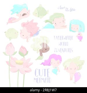 Ensemble de dessin animé avec des sirènes mignonnes sur fond blanc Illustration de Vecteur