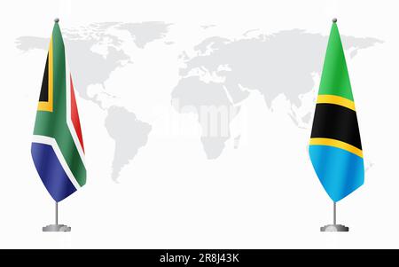 L'Afrique du Sud et la Tanzanie drapeaux pour une réunion officielle sur fond de carte mondiale. Illustration de Vecteur