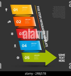 Modèle coloré de cinq étapes de progression fait à partir de la grande flèche avec des descriptions et des icônes. Modèle d'infographie simple à motif de bandes diagonales pliées en papier Illustration de Vecteur