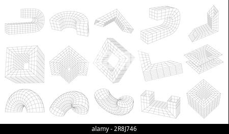 Vecteur abstrait étrange géométrique filaire 3D formes. Grille déformée de perspective, maillage technologique 3D. Ensemble d'éléments linéaires différents inspirés par br Illustration de Vecteur