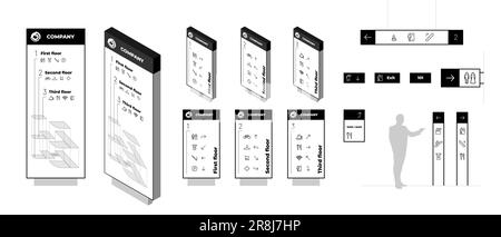 Mise en place de la maquette de signalisation du système d'orientation. Conception de la recherche de l'intérieur et de l'extérieur. Maquette de navigation dans le centre commercial. Panneaux d'information sur les lieux publics et les bâtiments commerciaux. Panneaux de direction du complexe résidentiel Illustration de Vecteur