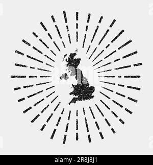 Carte vintage du Royaume-Uni. Grunge soleil a éclaté dans tout le pays. Forme Royaume-Uni noire avec rayons de soleil sur fond blanc. Illustration vectorielle. Illustration de Vecteur