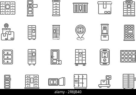 Les icônes de livraison de colis en libre-service définissent le vecteur. Automate de verrouillage. Station de colis Illustration de Vecteur