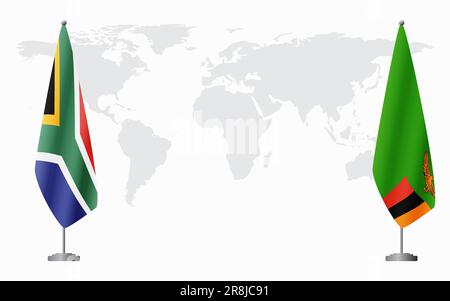 L'Afrique du Sud et la Zambie sont les drapeaux de la réunion officielle sur fond de carte du monde. Illustration de Vecteur