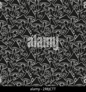 Motif de surface monochrome de champignons. Motif rétro sans couture avec champignons groovy dessinés à la main Illustration de Vecteur