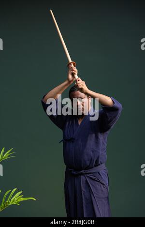 Portrait d'un bel artiste martial noir avec costume d'arts martiaux de kendo Banque D'Images