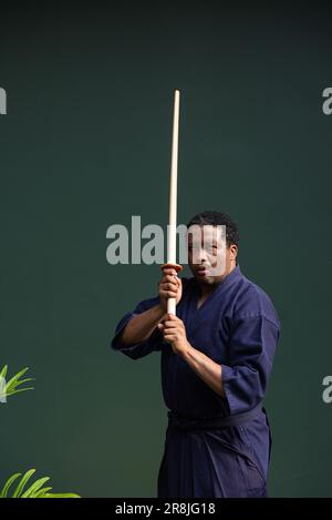 Portrait d'un bel artiste martial noir avec costume d'arts martiaux de kendo Banque D'Images