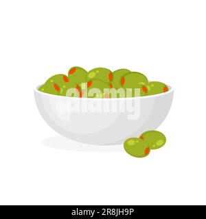 Olives vertes marinées dans une assiette. Olive farcie de légumes, de saumon ou de crevettes. Hors-d'œuvre dans un bol. Cuisine espagnole ou grecque. Illustration vectorielle. Illustration de Vecteur