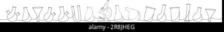Verrerie de laboratoire, dessin continu d'une ligne. Flacon conique, bécher en verre, cylindre gradué, flacon à fond rond, entonnoir de filtration, microscope Illustration de Vecteur