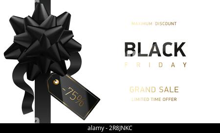 Noeud en ruban noir décoratif avec étiquette de prix isolée sur blanc pour motif de solde de vendredi noir. Balise vectorielle texte doré décoratif. Soldes du Vendredi fou Illustration de Vecteur