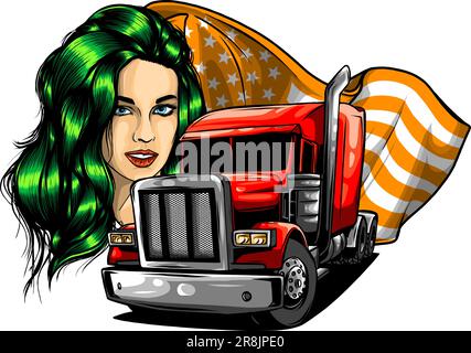 Camion américain classique. Illustration vectorielle avec drapeau américain et femme Illustration de Vecteur