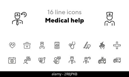 Jeu d'icônes de ligne d'assistance médicale. Stéthoscope, injection Illustration de Vecteur