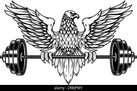 Aigle tenant une barbell. Mascotte de gym. Élément de conception pour logo, étiquette, signe, emblème. Illustration vectorielle, Eagle tenant une barbell. Mascotte de gym. Design el Illustration de Vecteur