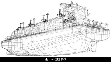 Gros camion-citerne ou transporteur de GNL. Rendu vectoriel de 3D. Style de cadre de fil. Les couches de lignes visibles et invisibles sont séparées Illustration de Vecteur