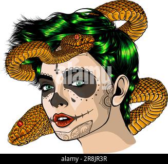 illustration des serpents autour de la tête de femme vecteur main dessiner Illustration de Vecteur