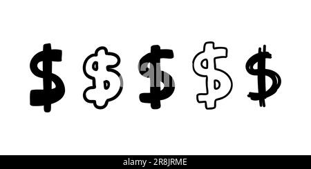 Scribble monnaie argent finance signe icônes Dollar USD collection. Illustration vectorielle à la main, style de dessin animé isolé sur fond blanc. Illustration de Vecteur