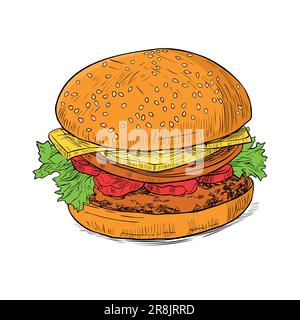 Hamburger de dessin animé avec laitue, tomates et fromage. Illustration vectorielle dessinée à la main. Illustration de Vecteur