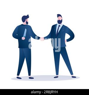 Deux hommes d'affaires qui se secouent la main. Métaphore de la trahison. Le partenaire d'affaires tient un couteau à portée de main. Caractères mâles isolés sur fond blanc. Style tendance f Illustration de Vecteur