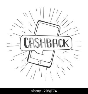Contexte du concept de remboursement bancaire. Smartphone avec application. Bulle vocale sur l'écran du téléphone mobile, isolée sur fond blanc. Drôle de doodle vecteur Illustration de Vecteur