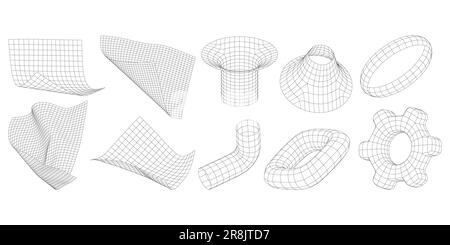 Ensemble de formes filaires abstraites. Grilles cyber-néo-futuristes, objets de maillage tridimensionnel. Déformation, déformation, déformation plan, engrenage, tuyau, anneau. Illustration de Vecteur