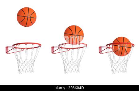 Collage avec balle tombant à travers le panier de basket-ball avec filet isolé sur blanc Banque D'Images