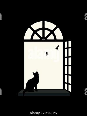 Silhouette de chat à l'intérieur à la fenêtre, en train de faire des oiseaux. Copier l'illustration du vecteur d'espace Illustration de Vecteur