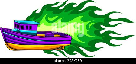 Vector côté bateau de pêche commercial avec flammes Illustration de Vecteur