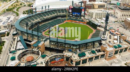 Stade de baseball Comerica à Detroit vue aérienne - stade des Detroit Tigers - DETROIT, États-Unis - 13 JUIN 2023 Banque D'Images