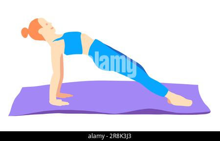 Entraînement en yoga pose de cheveux rad fille européenne en bleu tracksuit sur un tapis violet. Pilates, sport, santé. Femme, femme, femme. Illustration vectorielle dans Illustration de Vecteur