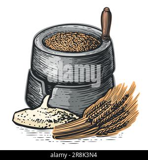 Meules à main pour le grain, les épis de blé, la farine. Cuisson et cuisson de la farine, ingrédients alimentaires. Illustration vectorielle Illustration de Vecteur