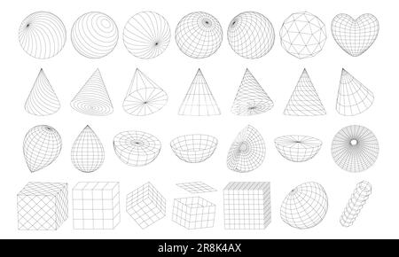 Ensemble de formes géométriques de cadre. Grille de surface et boule sphérique, cubes, cônes, hémisphères, coeur. Grilles futuristes rétro, 3D objets maillés. VEC isolé Illustration de Vecteur