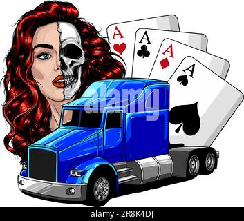 Camion vintage avec femme et as de poker. illustration vectorielle sur fond blanc. tirage manuel numérique Illustration de Vecteur