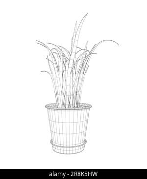 Plante dans l'élément filaire du pot de fleur. Version filaire de la ligne, contour et signe vecteur plein. Symbole de la plante d'origine. Fleurs en pots peintes ligne noire sur un coup Illustration de Vecteur