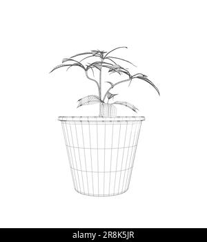 Plante dans l'élément filaire du pot de fleur. Version filaire de la ligne, contour et signe vecteur plein. Symbole de la plante d'origine. Fleurs en pots peintes ligne noire sur un coup Illustration de Vecteur